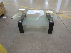 39 in x 23 in Glass Top Coffee Table with Black Metal Legs (CHIPPED CORNER ON TOP)