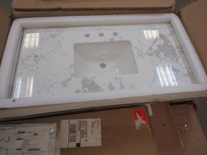 43 in x 22 in 3 Hole Engineered Stone Vanity Top (SLIGHT CHIPS FRONT AND BACK RIGHT CORNERS)