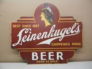 lot 15 image: VINTAGE ORIGINAL - Leinenkugels Beer  Indian Maiden  GOOD AS GOLD Embossed Metal Sign - NICE - FANTASTIC PIECE - APPROX 40 By 35 - SEE PICTURES