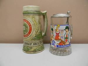 lot 30 image: VINTAGE ORIGINAL PABST BLUE RIBBON LIDDED GLASS BEER STEIN & PABST BREWING SINCE 1844 CERAMARTE STEIN - NICE - GREAT PIECES - SEE PICTURES