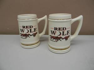 lot 33 image: RARE - 2 VINTAGE RED WOLF BEER STEINS  MUGS - AMERICANA ART CHINA COMPANY - NICE - GREAT PIECES - SEE PICTURES