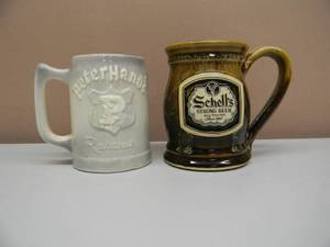 lot 34 image: VINTAGE 1950s Peter Hands Reserve EMBOSSED BEER MUG & SCHELLS STRONG BEER NEW ULM MN SINCE 1860 POTTERY BEER MUG - NICE - GREAT PIECES - SEE PICTURES