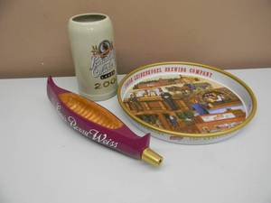 lot 37 image: RARE LEINENKUGELS BERRY WEISS CANOE TAP HANDLE, NEW IN BOX - APPROX 14 & LEINENKUGELS 13 METAL BEER TRAY & LEINENKUGELS LIMITED EDITION BEER STEIN - AWESOME COLLECTION - SEE PICTURES