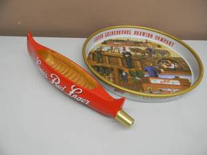 lot 38 image: LEINENKUGELS RED LAGER CANOE TAP HANDLE, NEW IN BOX - APPROX 14 & LEINENKUGELS 13 METAL BEER TRAY - AWESOME SET - SEE PICTURES