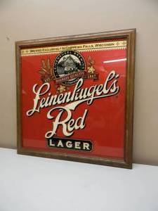 lot 48 image: VINTAGE LEINENKUGELS RED LAGER GLASS FOIL BAR SIGN  MIRROR - NICE - FANTASTIC PIECE - APPROX 27 By 27 - SEE PICTURES