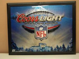 lot 61 image: VINTAGE COORS LIGHT NFL BAR SIGN  MIRROR - NICE - VERY COOL PIECE - APPROX 28 By 21 - SEE PICTURES
