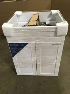 lot 22 image: Glacier Bay All-in-One Stainless Steel 24 in Laundry Sink with Faucet and Storage Cabinet in White Customer Returns See Pictures