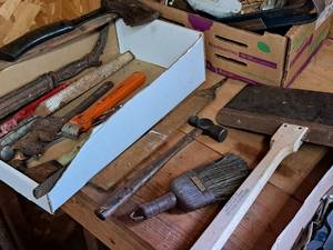 lot 147 image: Hand Tools - Hatchet, Files, Ball Peen Hammer, Pipe Wrench, Scraper, Brush, Misc. Tools
