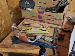 lot 146 image: Hand Tools - Hand Drill, Pry Bars, Square, Kauffel & Esser Co. Phoenix 100 Tape Measure, Files, Clark Woodboring Bit, Misc. Drill Bits, Misc. Tools