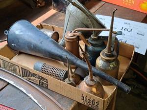 lot 159 image: Vintage Hand Tools - (7) Oiler Cans, (1) Metal Funnel, (1) Plastic Funnel, (1) Misc. Tool