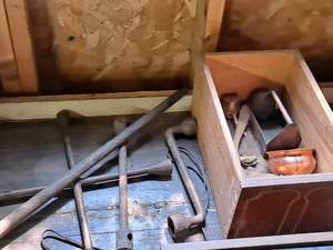 lot 176 image: Vintage Hand Tools with Wooden Box - Tire Irons, Miniature Metal Tool Caddy, Misc. Tools
