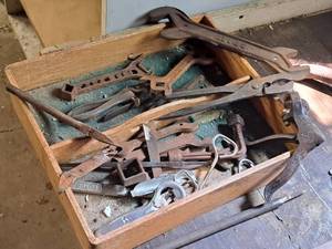 lot 174 image: Lot of  Vintage Hand Tools with Wooden Tool Tray - Wrenches, Bottle Cap Openers, Pliers, Misc Tools