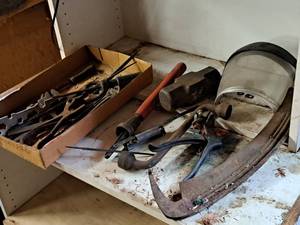 lot 173 image: Vintage Hand Tools - Sledgehammer Head, Tire Iron, Tongs, Blade, Punch, Wrenches, Files, Misc. Tools