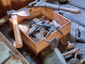 lot 178 image: Vintage Hand Tools with Wooden Drawer - Pipe Wrench, Hand Drills, Hatchet, Brush, Misc. Tools