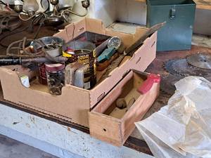 lot 198 image: Hand Tools - Wooden Storage Box, Metal Storage Box, Circular Saw Blades, Cans Of NailsScrewsBolts, Misc. Taillights, Speed-O-Mile Teller, Speedometer, Misc. Tools
