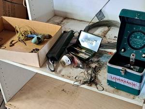 lot 246 image: Lot of  Fishing Equipment - Lowrance Fish Lo-K-Tor Fish Finder LFP-300D, Fish Scale, Boat Compass, Metal Pocket Tackle Box, Hanson 200-lb Scale, Cable, Fish Chains, Stringer, Misc. Gear