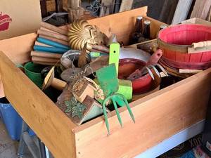 lot 262 image: Lot of  Assorted Garden Tools and Dcor - Hand Rakes and Shovels, Bird House, Buckets and Misc. PotsContainers, Plant Hangers, Coffee Pot