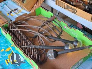 lot 277 image: Gardening Tools and Dcor - Bow Rake Heads, Pitch Fork Head, Solar Ball Path Lights