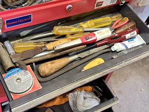 lot 140 image: Hand Tools & Hardware - Large Screwdrivers, Pry Bar, Grinding Discs, Utility Knife, White Lithium Grease, BBQ Lighter, Hammer, Putty Knife and more