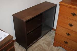 lot 513 image: Wood Bookshelf with Two Sliding Glass Doors