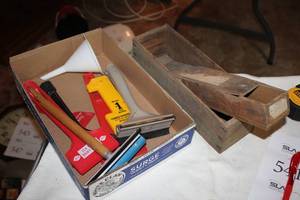 lot 541 image: (7) Flat Scrapers, (1) White Plastic Funnel, (2) Wood Storage Boxes