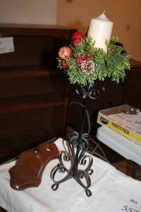 lot 559 image: Lot of (2) Iron Table Candleholder with Pillar Candle and Floral Arrangement, Wood Wall-Mount Candleholder Candelholders