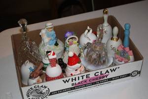 lot 896 image: Lot of (15) Assorted Dcor - Various Themed Table Bells, Santa Claus Statue, Manger Kids Statue