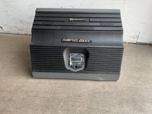 lot 65 image: Powerbuilt 26 Inch Portable 16 Guage Steel Slant Front Rapid Toolbox with Tiered Stairstep Tool Holders and Weather-Resistant Grey Polymer Lid