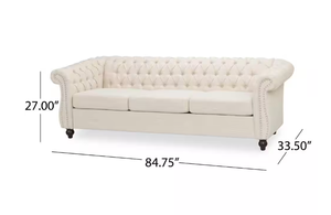 lot 19 image: Noble House Parksley 84.75 in. Beige Solid Fabric 3-Seat Chesterfield Sofa with Removable Cushions