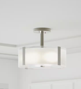 lot 102 image: Lot of Three Home Decorators Collection Bourland 14 in. 3-Light Polished Chrome Semi-Flush Mount Kitchen Ceiling Light with Glass Drum Shade