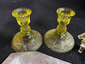 lot 29 image: Yellow Glass Candlestick Holders, Horse with Buggy, and More