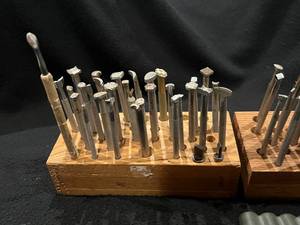lot 74 image: Vintage Leather Stamp Set in Wood Organizer