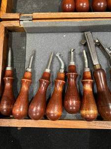 lot 83 image: Vintage Leather Making Awls, Edgers, and More in Wooden Case