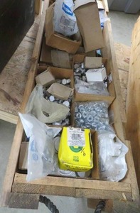 lot 97 image: WOODEN BOX FILLED WITH TONS OF UNUSED HARDWARE.