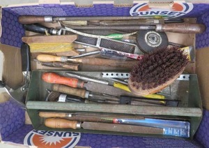 lot 131 image: BOX OF VINTAGE TOOLS.