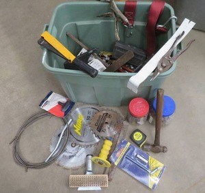 lot 144 image: BIN OF TOOLS  HARDWARE SAW BLADES AND MORE