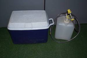 lot 123 image: Rubbermaid Cooler and Water Tank with Valve and Hose