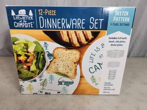 lot 33 image: New Life is Better at The Campsite 12 PIece Dinnerware Set