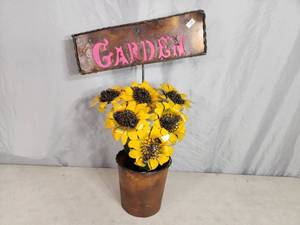 lot 138 image: New Handmade Recycled Metal Flower Pot w Garden Sign