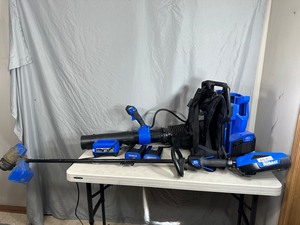 lot 4 image: Kobalt 40 Volt Cordless Backpack Blower and String Trimmer  Weed Whip with 2 Batteries