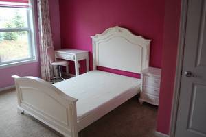 lot 896 image: Wood Bedroom Set - Twin Size Bed, Desk, Mirror, Dresser and Night Stand