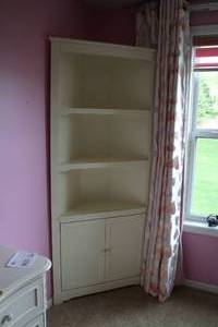 lot 903 image: Lot of (2) 79 2-door3-shelf Wood Corner Shelving Units