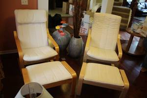 lot 909 image: Lot of (2) Ikea Poang Fabric  Wood Living Room Arm Chairs with Foot Stools