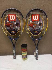lot 66 image: 2 WILSON US OPEN TITANIUM JUNIOR TENNIS RACQUET AND BALLS