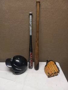 lot 68 image: 2 BASEBALL BATS, HAT & LEFT HAND GLOVE