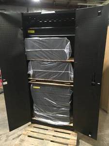 lot 32 image: Husky 4-Piece Heavy Duty Welded Steel Garage Storage System in Black (92 in. W x 81 in. H x 24 in. D) No Keys  Customer Returns See Pictures