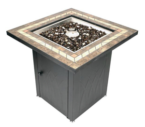 lot 7 image: PLEASANT HEARTH Atlantis 28 in. x 26 in. Square Steel Propane Gas Fire Pit Table in Black with Glass Fire Rocks