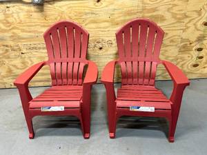 lot 17 image: ADAMS MANUFACTURING Lot of 2- RealComfort Stackable Red Plastic Frame Stationary Adirondack Chairs with Solid Seat- Red