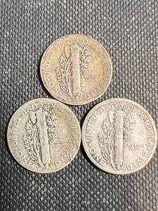 3 MERCURY DIMES 1920 P-D-S