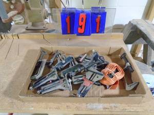 lot 191 image: 4 corner clamps , 4 vintage c clamps & strap clamp. As shown.